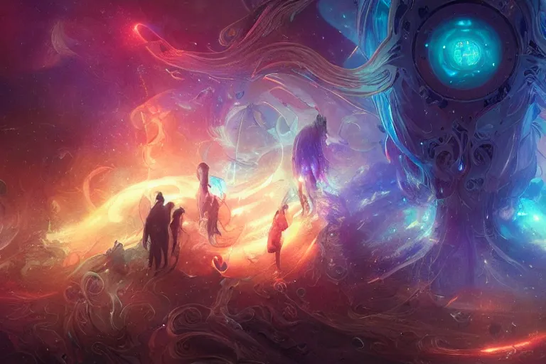 Prompt: transparent ghostly people in a nebula of sound, arcs of fiery neon light, swirling mystical particles and glowing musical notes floating, beautiful, intricate, highly detailed concept art by artgerm and greg rutkowski and android jones