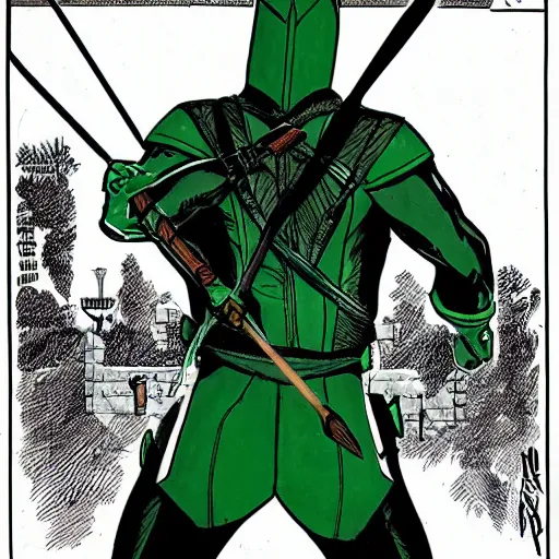 Image similar to The Green Arrow action pose, view from behind looking over shoulder, drawing an arrow from his quiver, comic book cover style