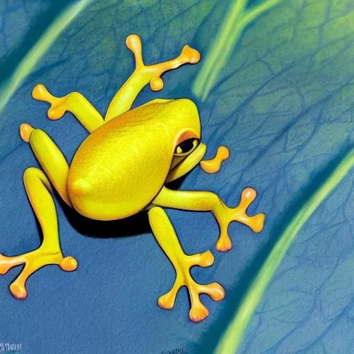 Prompt: yellow dart frog, dendrobatidae, chilling on a leaf, by artist giger, concept art for movie, super low saturated colors, extreme detail, 4 k, detailed rendering, realistic lighting, sharp focus, backlit