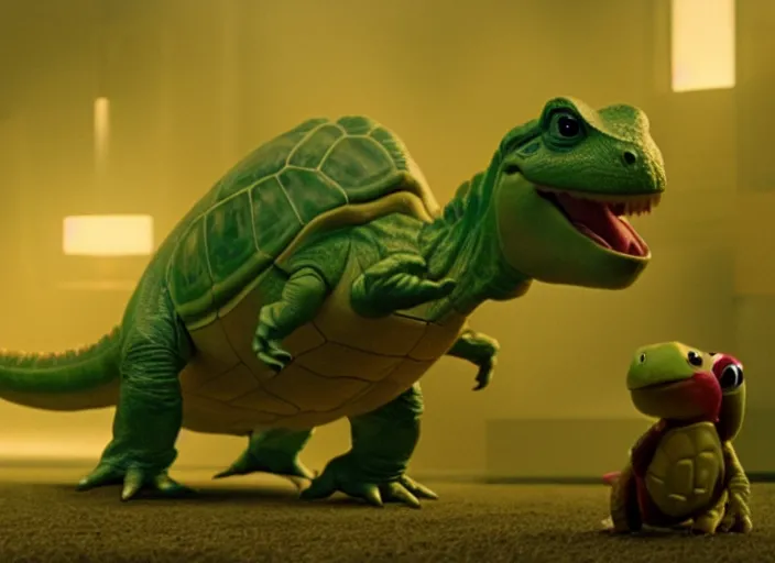 Image similar to film still of yoshi in the new sci - fi movie, cute upright dinosaur with a small turtle shell and long tongue, 8 k