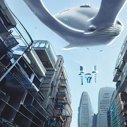 Prompt: street level percpective of a dense, near - future city looking up at gigantic flying robotic whale