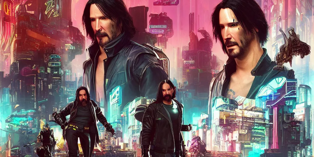 Prompt: a cyberpunk 2077 srcreenshot portrait of Keanu Reeves and V final kiss,love,film lighting,by Lawrence Alma-Tadema,Andrei Riabovitchev,Laurie Greasley,Dan Mumford,John Wick,Speed,Replicas,artstation,deviantart,FAN ART,full of color,Digital painting,face enhance,highly detailed,8K,octane,golden ratio,cinematic lighting