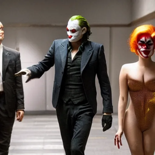 Image similar to ultra realistic stealth candid photograph from joaquin phoenix with lady gaga in new joker movie footage's, intricate details, face details, proportional body details, full medium shot.
