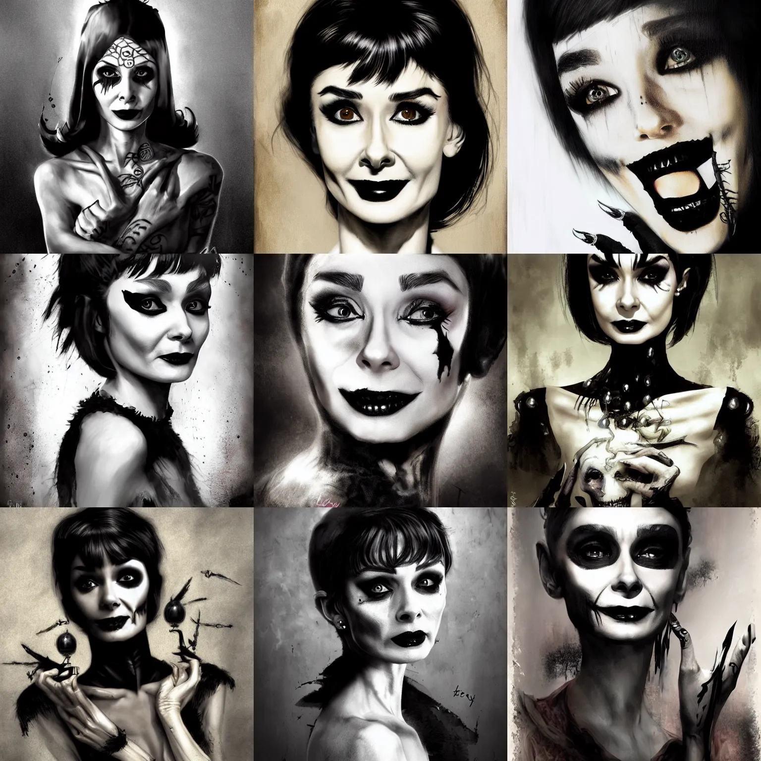 Prompt: audrey hepburn as death from sandman, gentle smile, goth chic, by cedric peyravernay, by lecouffe deharme, soft lightning, eyeliner, punk rock, high detailed, 8 k