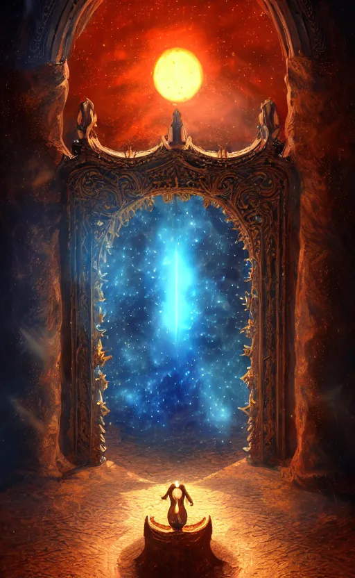 Image similar to a ornamental gate into stars a demon emerges from it, ornament, intarsia, portal, doorway, dynamic lighting, ambient lighting, atmospherical, photorealistic fantasy concept art, trending on art station, stunning visuals, creative, cinematic, ultra detailed