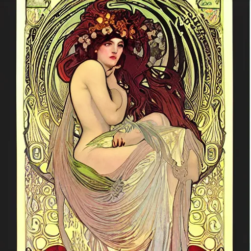 Image similar to persephone as goddess of the underworld, painted by alphonse mucha