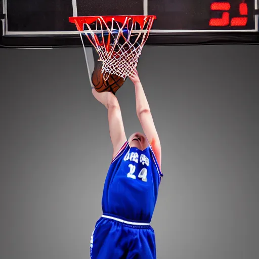 Image similar to a baby dunking a basketball, dramatic action photography, 8k