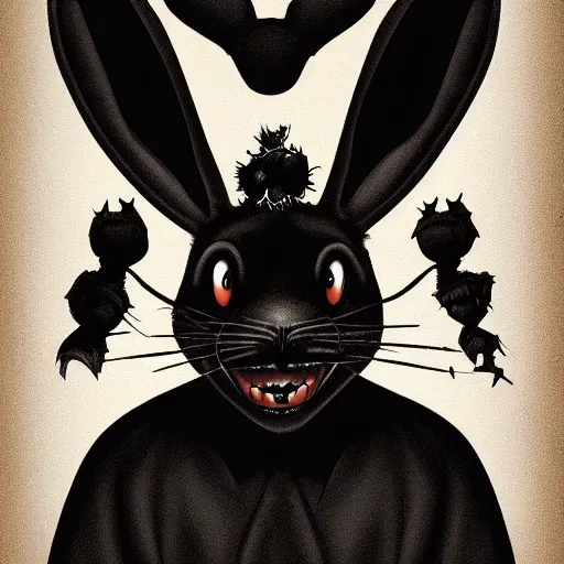 Image similar to A extremely highly detailed majestic hi-res beautiful, highly detailed head and shoulders portrait of a scary terrifying, horrifying, creepy black cartoon rabbit with scary big eyes, earing a shirt laughing, hey buddy, let's be friends, in the art style of Walt Disney