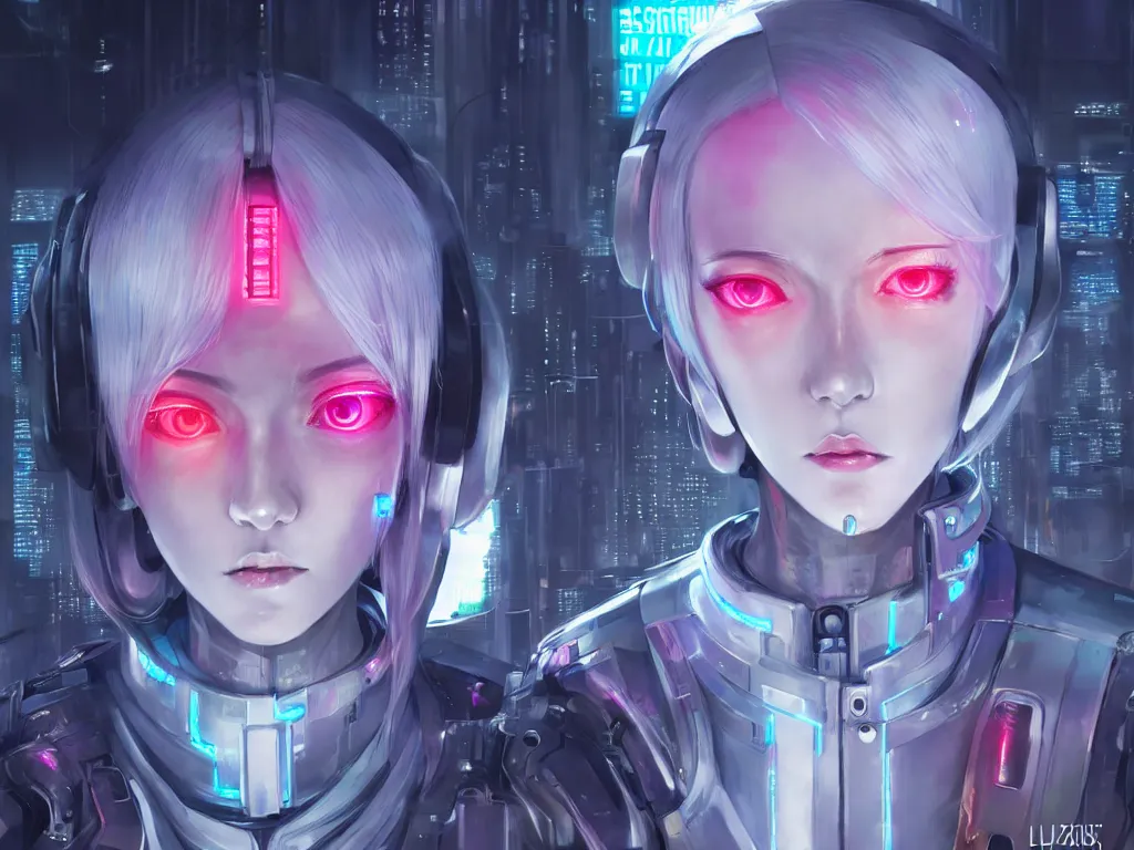 Image similar to portrait grey hair anime visual futuristic female cyber police, on cyberpunk neon light tokyo rooftop, ssci - fi and fantasy, intricate and very beautiful, human structure, concept art, sharp focus, anime by simon stalenhag, rossdraws and magali villeneuve and liya nikorov and luxearte, frostine engine