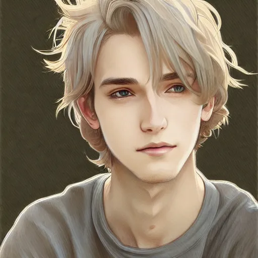 Image similar to young man with short, ash blond greyish hair, light brown eyes, casual clothes, relaxing, happy, path traced, highly detailed, high quality, digital painting, by studio ghibli and alphonse mucha, leesha hannigan, beautiful details, soft and warm