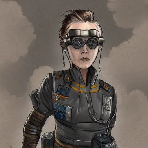 Prompt: highly detailed character concept art of stoic heroic emotionless square-jawed butch blonde tattooed woman engineer looking to side, wearing steampunk goggles and dirty ripped flight suit, on primitive planet, portrait, illustration, pulp sci fi, science fiction