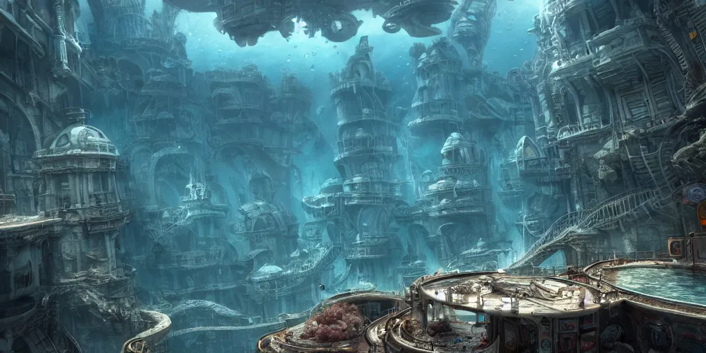 Image similar to ultra realistic underwater city, style epic, insanely detailed, style of, role thomas style ocatne render, artstation trend, epic art style, giovanni paolo panini, cinematic, concept art, 8 k hd