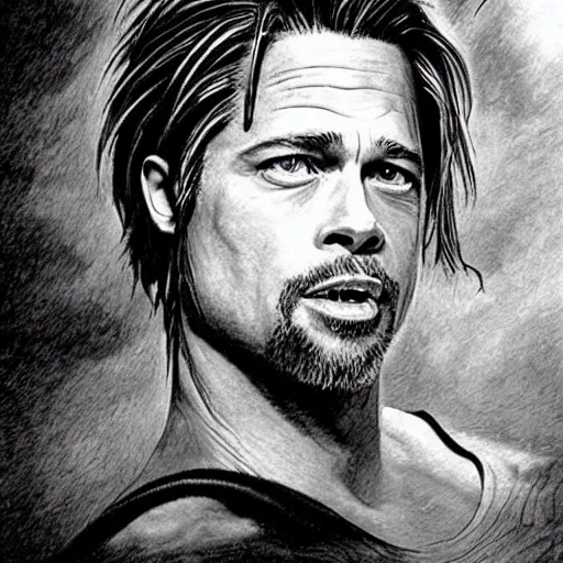 Prompt: creepy horror illustration of !!!Brad Pitt!!! as Lucifer pitch black ink on old parchment black and white created by Thomas Kinkade.