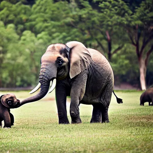 Image similar to a Elephant-Pug Hybrid, A Elephant that looks like a pug, huge tusks, afternoon hangout, good times photograph, candid