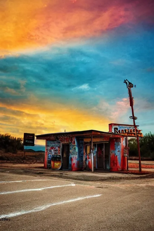 Image similar to a sunset light landscape with historical route 6 6, lots of sparkling details and sun ray ’ s, blinding backlight, smoke, volumetric lighting, colorful, octane, 3 5 mm, abandoned gas station, old rusty pickup - truck, beautiful epic colored reflections, very colorful heavenly, softlight