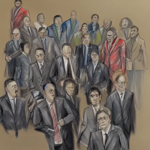 Image similar to highly detailed realistic sketch of UN members in suits yelling at a cyborg samurai, fear and anger in their eyes, colored , award winning , masterpiece on a scroll , post-processing