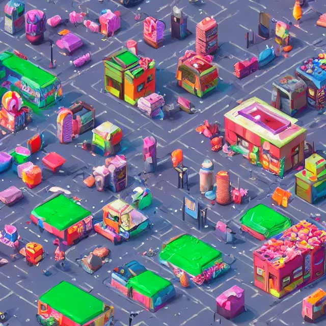 Prompt: isometric candy city, post apocalyptic, abandoned city made of candy and sweets, isometric 3 d game render, unreal engine, dramatic lighting, highly detailed