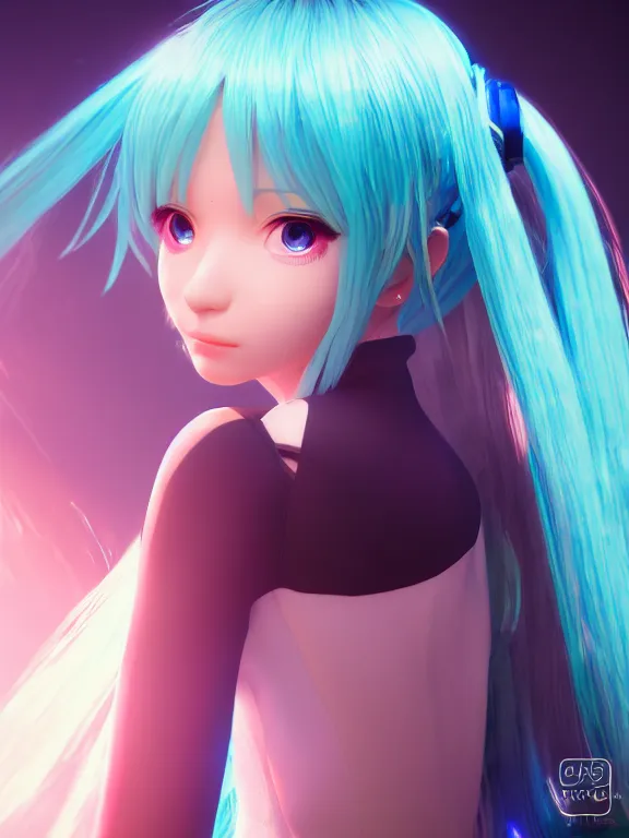 Image similar to portrait art of hatsune miku 8 k ultra realistic, lens flare, atmosphere, glow, detailed, intricate, full of colour, cinematic lighting, trending on artstation, 4 k, matte, hyperrealistic, focused, extreme details, unreal engine 5, cinematic, masterpiece