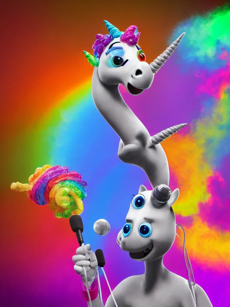 Prompt: a realistic rainbow beat boxing unicorn on stage holding a microphone by Pixar