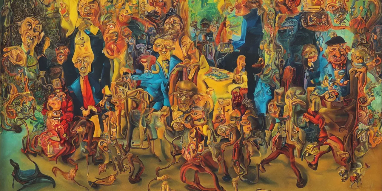 Prompt: surreal image of a family of wizards dali!! meets r. crumb!!! vibrant colors oil paint on canvas
