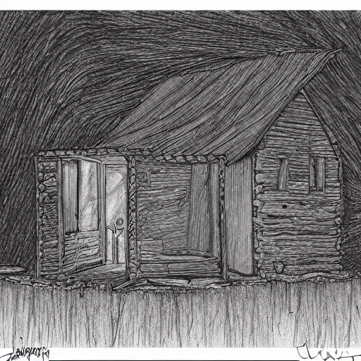 Prompt: a drawing of a eerie cabin in the middle of the woods in the style of beksinski
