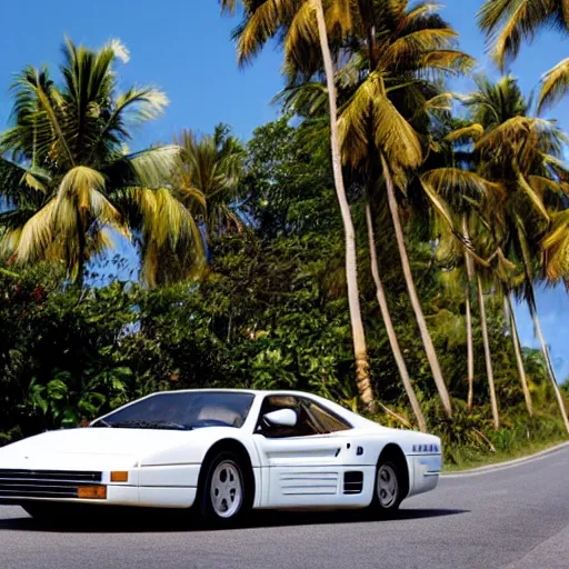 Image similar to a photograph of a stunning blonde woman, sat next day a man with brown hair in a Ferrari Testarossa on a road next to a white sand beach with palm trees