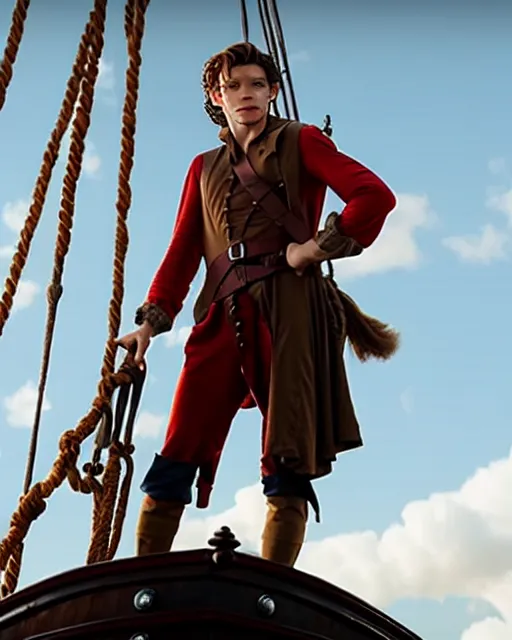 Prompt: film still of tom holland as a pirate, standing on the mast, cinematic lighting, sharp focus, highly detailed attributes and atmosphere