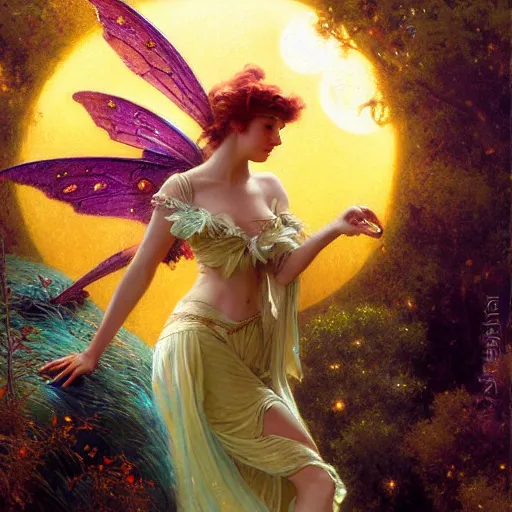 Image similar to attractive fairy magically floating high in the night, fantasy, full moon in background. highly detailed painting by gaston bussiere, craig mullins, j. c. leyendecker, mid shot, 8 k