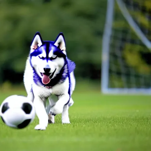 Prompt: a siberian husky playing soccer