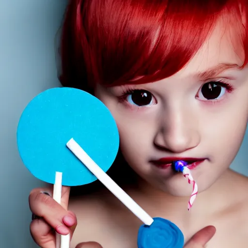 Prompt: red eyed little girl with red brown skin and pale blue hair holding a lollipop made of paper, surreal, 4k,