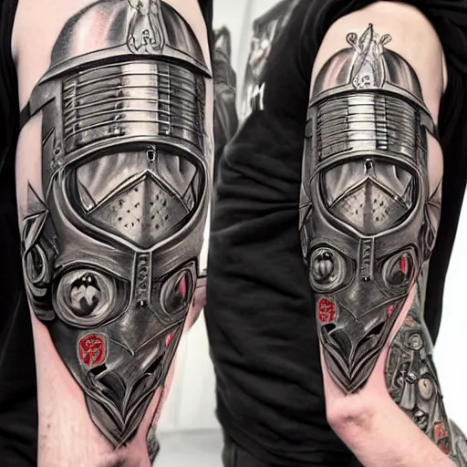 Prompt: A german knight in armor designed by alex grey, tattoo, tattoo art, Black and grey tattoo style