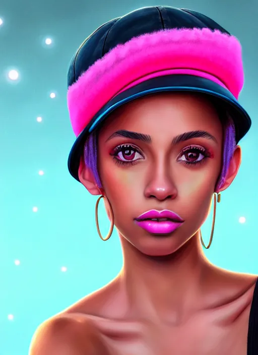 Image similar to portrait of teenage vanessa morgan with bright pink hair, black girl, vanessa morgan, curly pixie cut hair, wearing newsboy cap, newsboy cap, hoop earrings, intricate, elegant, glowing lights, highly detailed, digital painting, artstation, concept art, smooth, sharp focus, illustration, art by wlop, mars ravelo and greg rutkowski