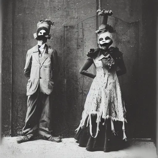 Image similar to portrait of side show clowns, photograph, style of atget, 1 9 1 0, creepy, dark