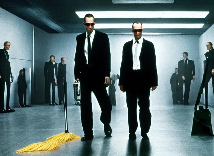 Image similar to film still of agent smith working as a janitor in the new matrix movie, 4 k