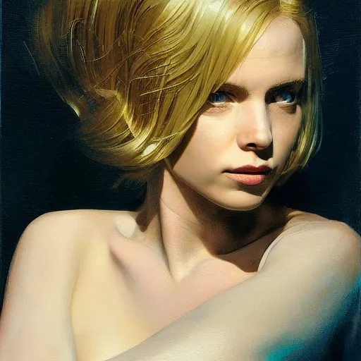 Prompt: blonde girl in the world of Adam Wyeth, stormy weather, extremely detailed masterpiece, oil on canvas, low-key neon lighting, artstation, Blade Runner 2049, Roger Deakin’s cinematography, by J. C. Leyendecker and Peter Paul Rubens and Edward Hopper and Michael Sowa,