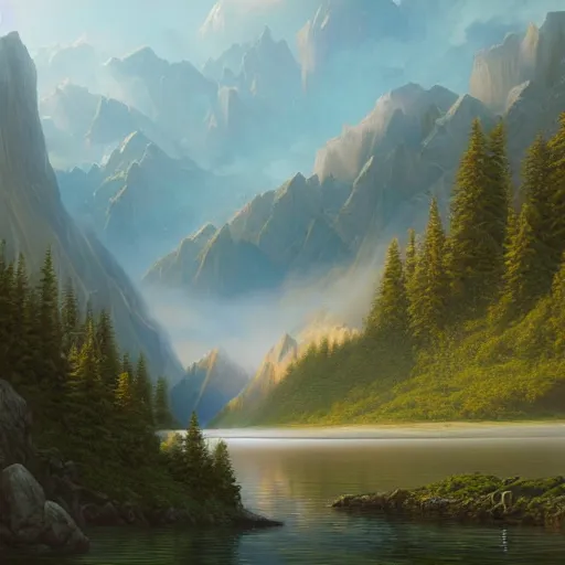 Prompt: a painting of a mountain range with a lake in the foreground, a detailed matte painting by christophe vacher, deviantart, fantasy art, matte painting, bob ross, terragen