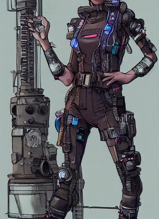 Image similar to Beautiful Sophia. gorgeous female cyberpunk mercenary wearing a cyberpunk headset, military vest, and jumpsuit. Gorgeous face. Concept art by Sherree Valintine Daines, James Gurney, and Laurie Greasley. Industrial setting. ArtstationHQ. Creative character design for cyberpunk 2077.