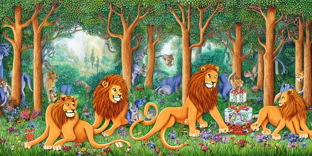 Image similar to lions in front of birthday table in fairytale forest , huge scale, high detail, intricate by Axel Scheffler