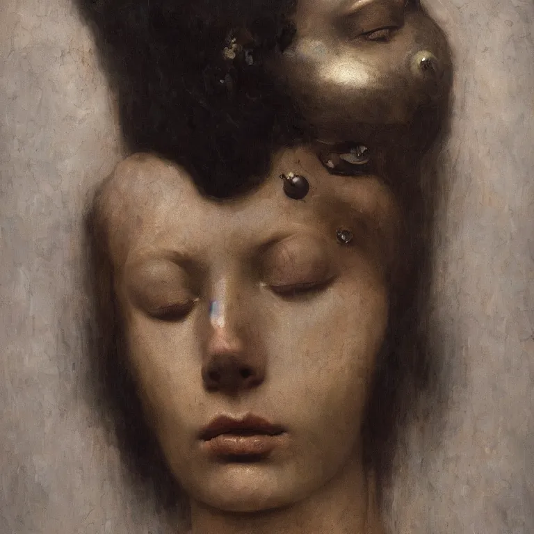 Image similar to The portrait of beautiful woman with closed eyes in steel full-face occult mask and black dress by Ilya Repin, William Blake, Michelangelo da Caravaggio and Beksinski, highly detailed oil painting, Beinart Gallery, Arcadia gallery, trending by artstation, dramatic volumetric lighting, fantasy character, 4k, masterpiece