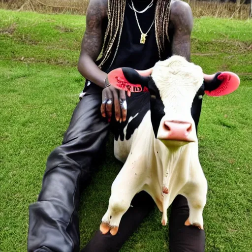 Prompt: young thug with a cow