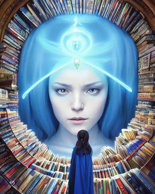 Image similar to highly detailed surreal vfx portrait of a female mage with a blue cape in a labyrinth of books, stephen bliss, unreal engine, greg rutkowski, loish, rhads, beeple, makoto shinkai and lois van baarle, ilya kuvshinov, rossdraws, tom bagshaw, alphonse mucha, global illumination, detailed and intricate environment