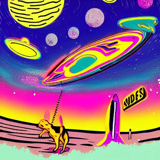 Prompt: Rad Dog Neon Surf aesthetic, Liminal space in outer space