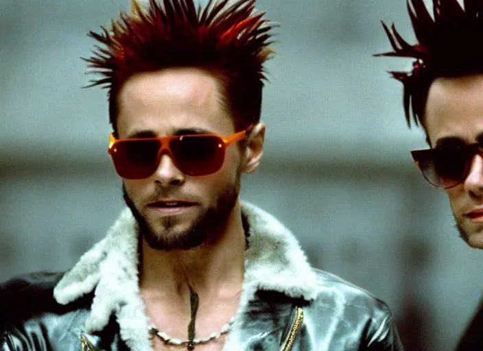 Prompt: film still of Jared Leto as Tyler Durden wearing big fur coat and pink sunglasses in Fight Club 1999