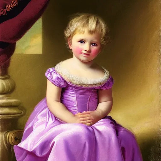 Prompt: portrait of a donald trump as a german toddler princess sitting down in a silk lavender gown, circa 1 8 3 7, by carl joseph begas, highly detailed, beautiful, oil on canvas, 1 8 3 0 s, romanticism