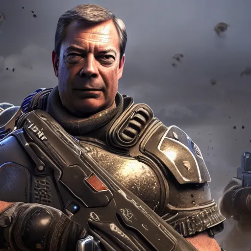 Image similar to Portrait of Nigel Farage in Gears of War, splash art, movie still, cinematic lighting, dramatic, octane render, long lens, shallow depth of field, bokeh, anamorphic lens flare, 8k, hyper detailed, 35mm film grain