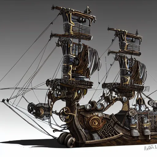 Prompt: future cybernetic steampunk pirate ship with robotic arms concept art