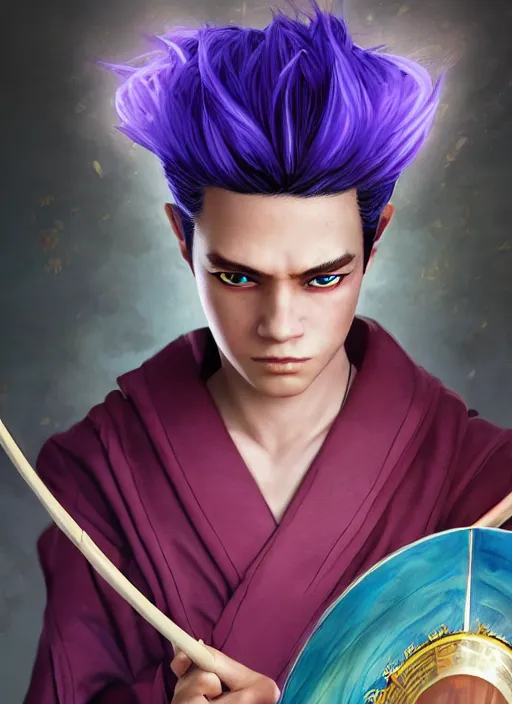 Image similar to An epic fantasy comic book style portrait painting of a young boy with straight indigo hair, purple eyes with red eye markers, slim body, wearing a detailed Japanese kimono with traits of the god Fuujin, holding a pair of fans. Unreal 5, DAZ, hyperrealistic, octane render, cosplay, RPG portrait, dynamic lighting