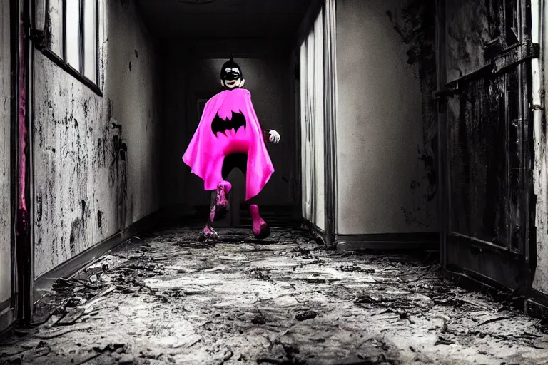 Image similar to batman wearing pink apron wielding an axe, chasing through old brown decrepit hallway, running toward camera, creepy smile, atmospheric eerie lighting, dim lighting, bodycam footage, motion blur, photograph