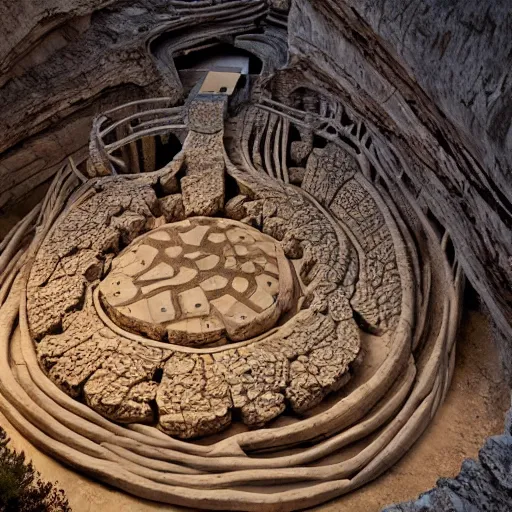 Prompt: a gigantic paleolothic torus made of stone with highly detailed carvings of intricate shamanic robotic electronics and circuitry, in a mediterranean lanscape, inside a valley overlooking the sea