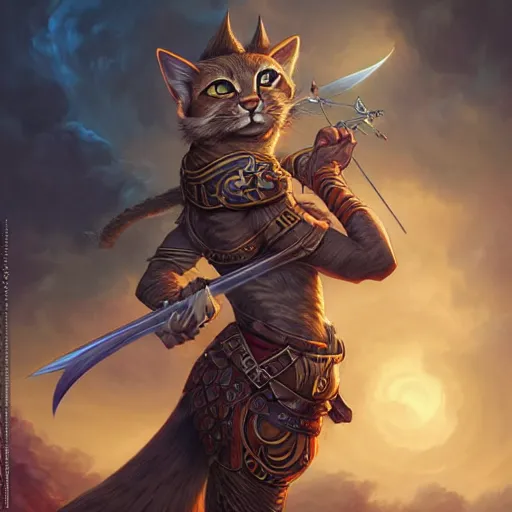 Prompt: tabaxi warrior wielding a sword, highly detailed matte fantasy painting, stormy lighting, by ross tran, by artgerm, by lisa frank, by brom, by peter mohrbacher